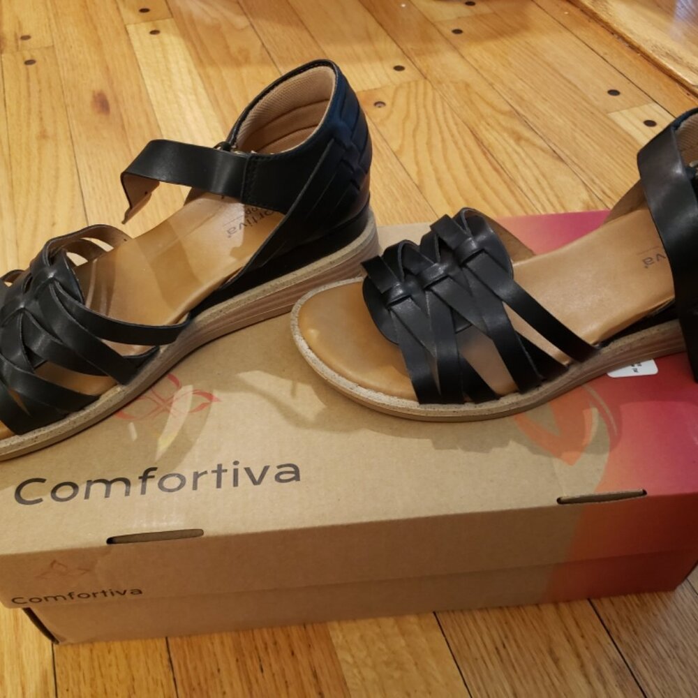 Comfortiva Black Strappy Ankle-Wrap Sandals